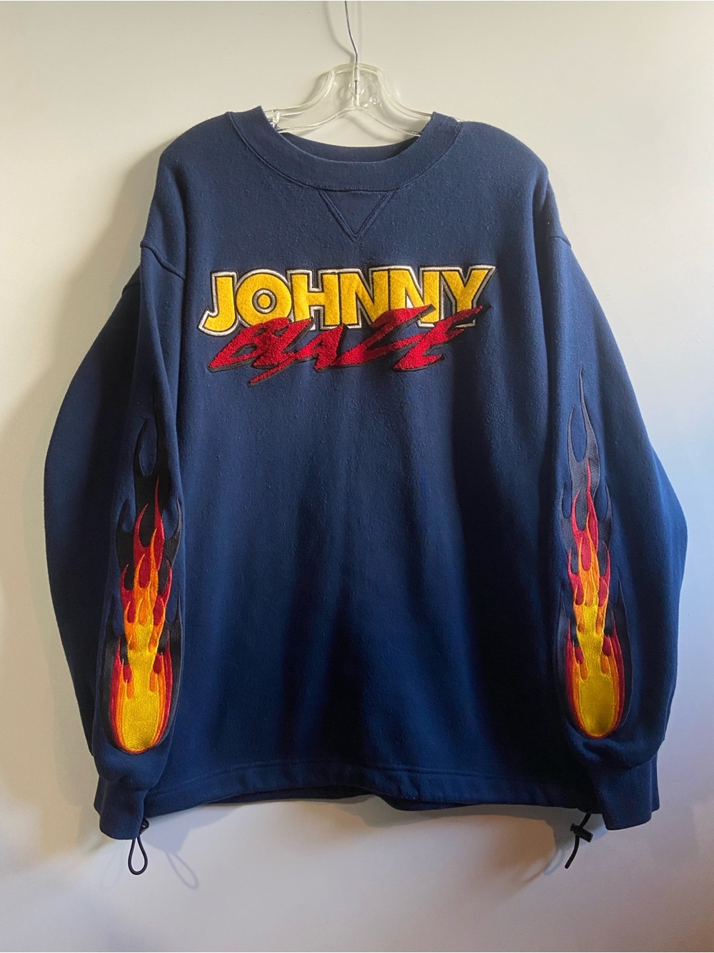 Vintage 90s Johnny Blaze Embroidered Navy Crewneck Sweatshirt with Flame Sleeves